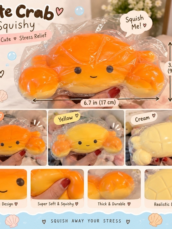 Accessories - Cute Crab Squishy Plush Toy - Orange, Yellow, Cream